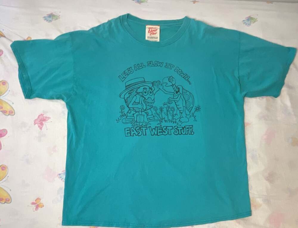 East West Shop Graphic T-Shirt Teal Let's All Slow It Down Earth Friendly